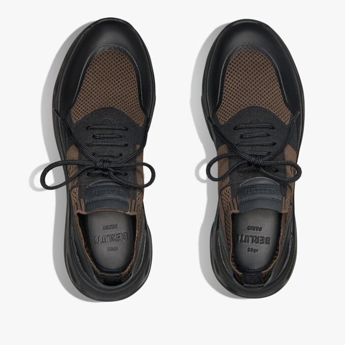 SNEAKER BERLUTI SHADOW EN MAILLE ET CUIR DE VEAU FILM GOMME EN MARRON/NOIR