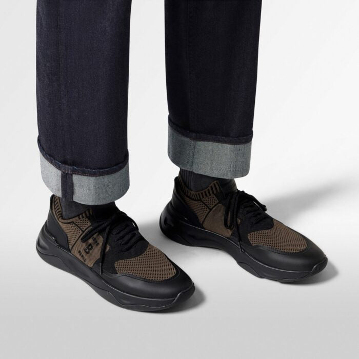SNEAKER BERLUTI SHADOW EN MAILLE ET CUIR DE VEAU FILM GOMME EN MARRON/NOIR