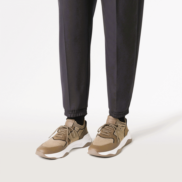 SNEAKER BERLUTI SHADOW EN MAILLE ET CUIR DE VEAU FILM GOMME EN LIGHT KAKI/BEIGE