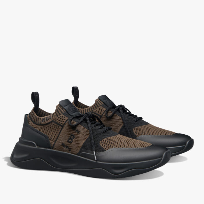 SNEAKER BERLUTI SHADOW EN MAILLE ET CUIR DE VEAU FILM GOMME EN MARRON/NOIR